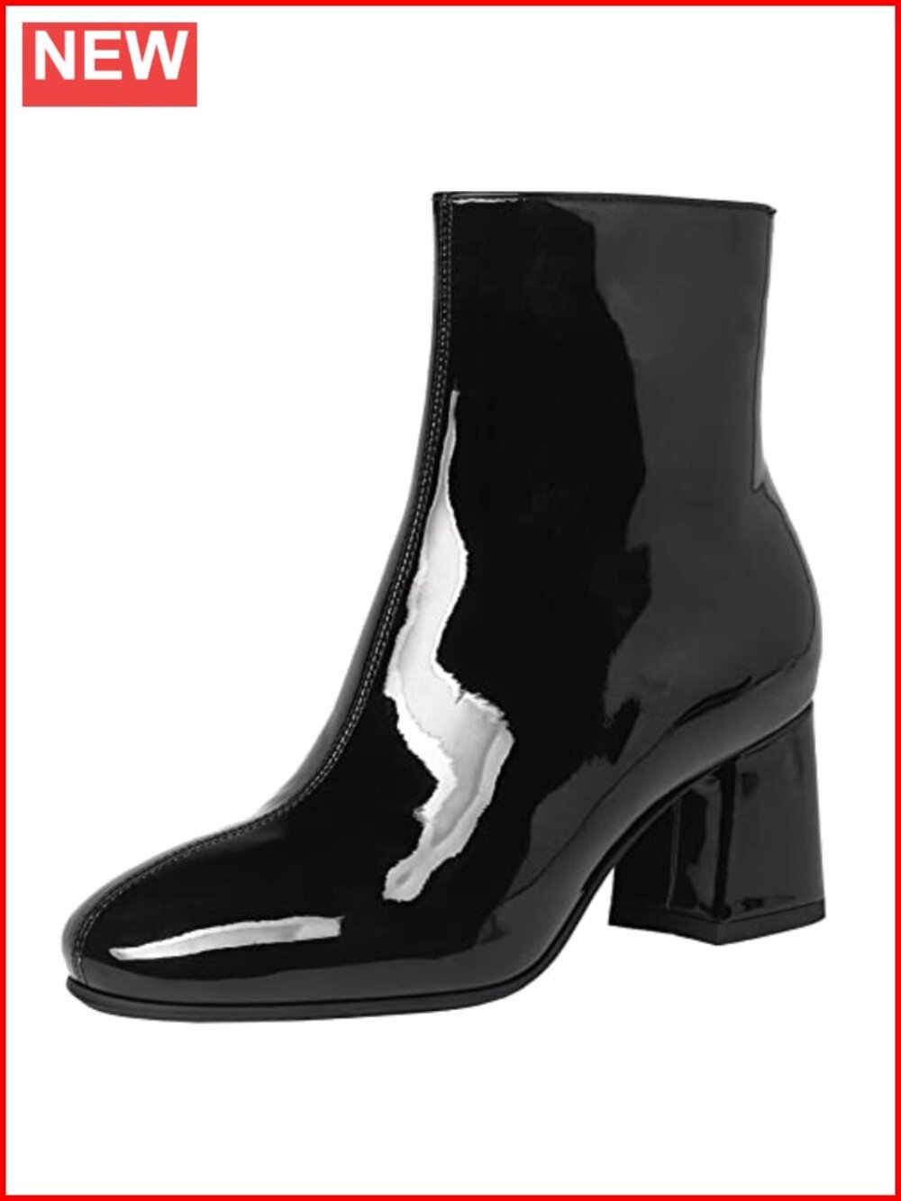 Chunky Heeled Booties Patent Leather Square Toe Ankle Boots Zip Up Block Heel